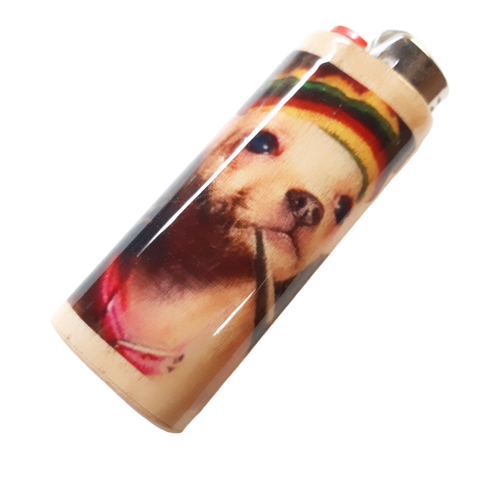 Lighter with a dog wearing a rasta colored design on a white background