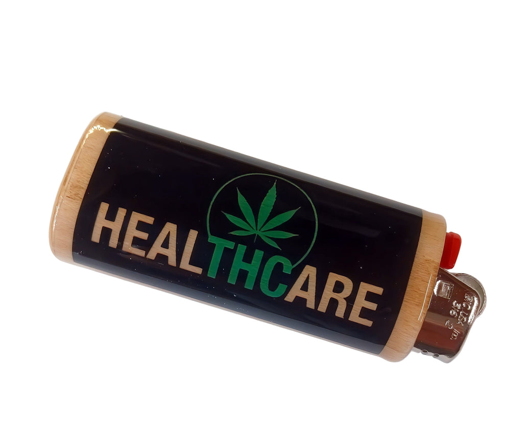 Lighter with 'HEALTHCARE' text and cannabis leaf symbol on a white background