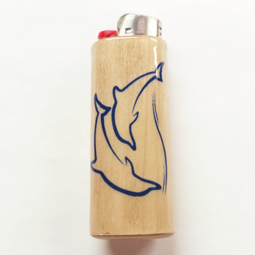 Wooden lighter with a blue dolphin design on a white background
