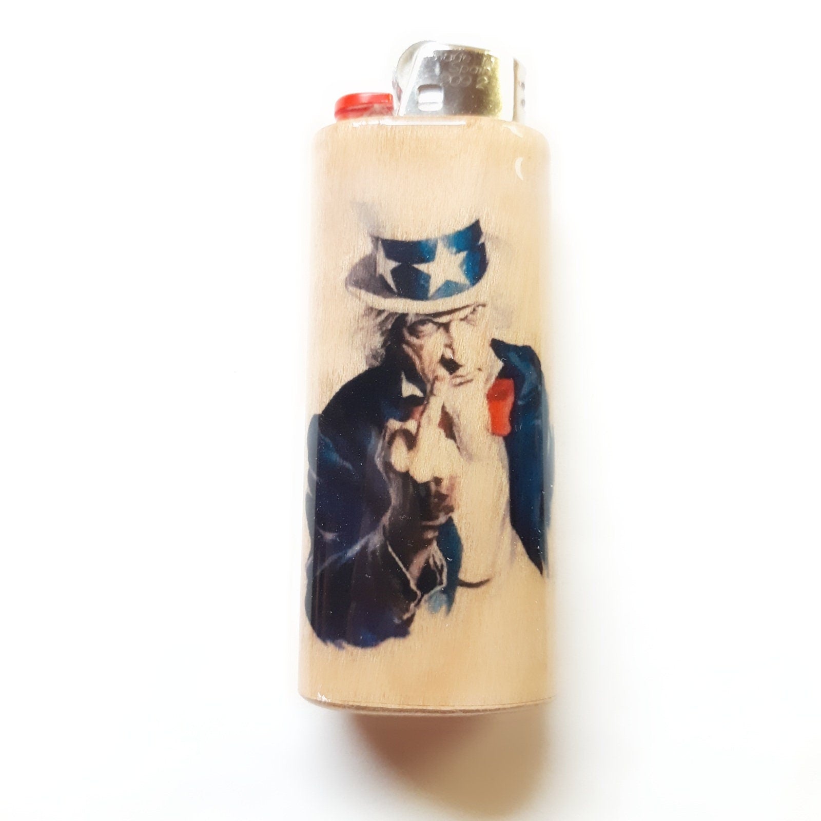 Lighter with a design of a person wearing a Uncle Sam hat on a white background