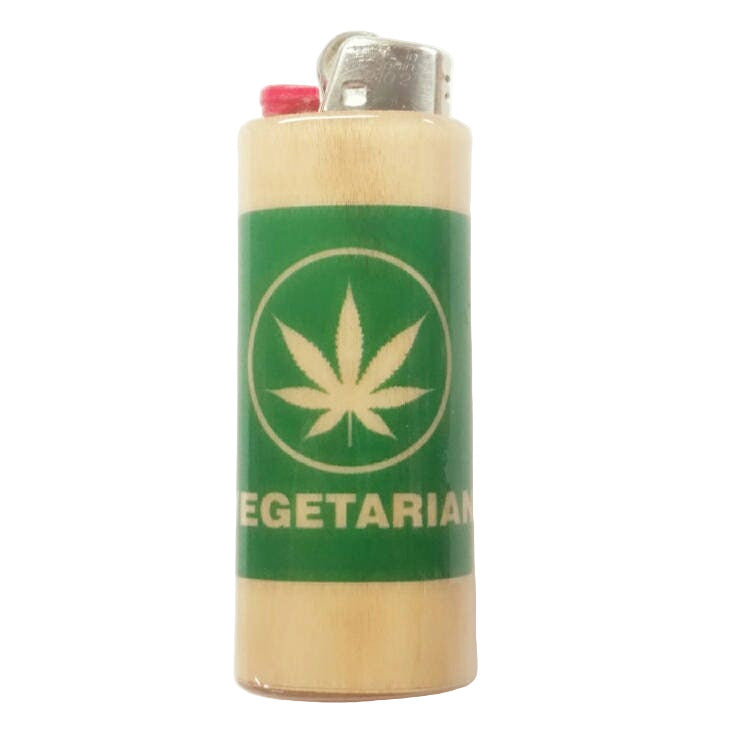 Lighter with a cannabis leaf symbol and 'Vegetarian' text on a green band