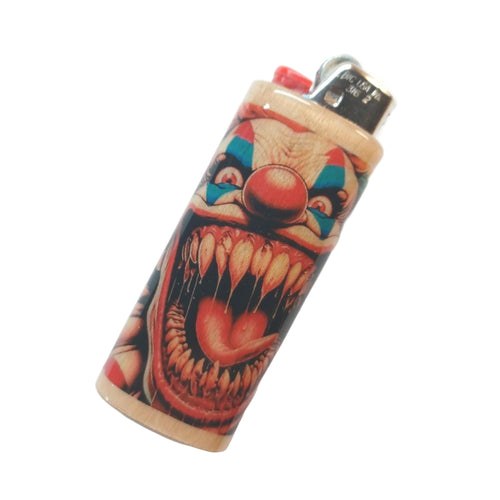 Lighter with a colorful circus clown style design on a white background