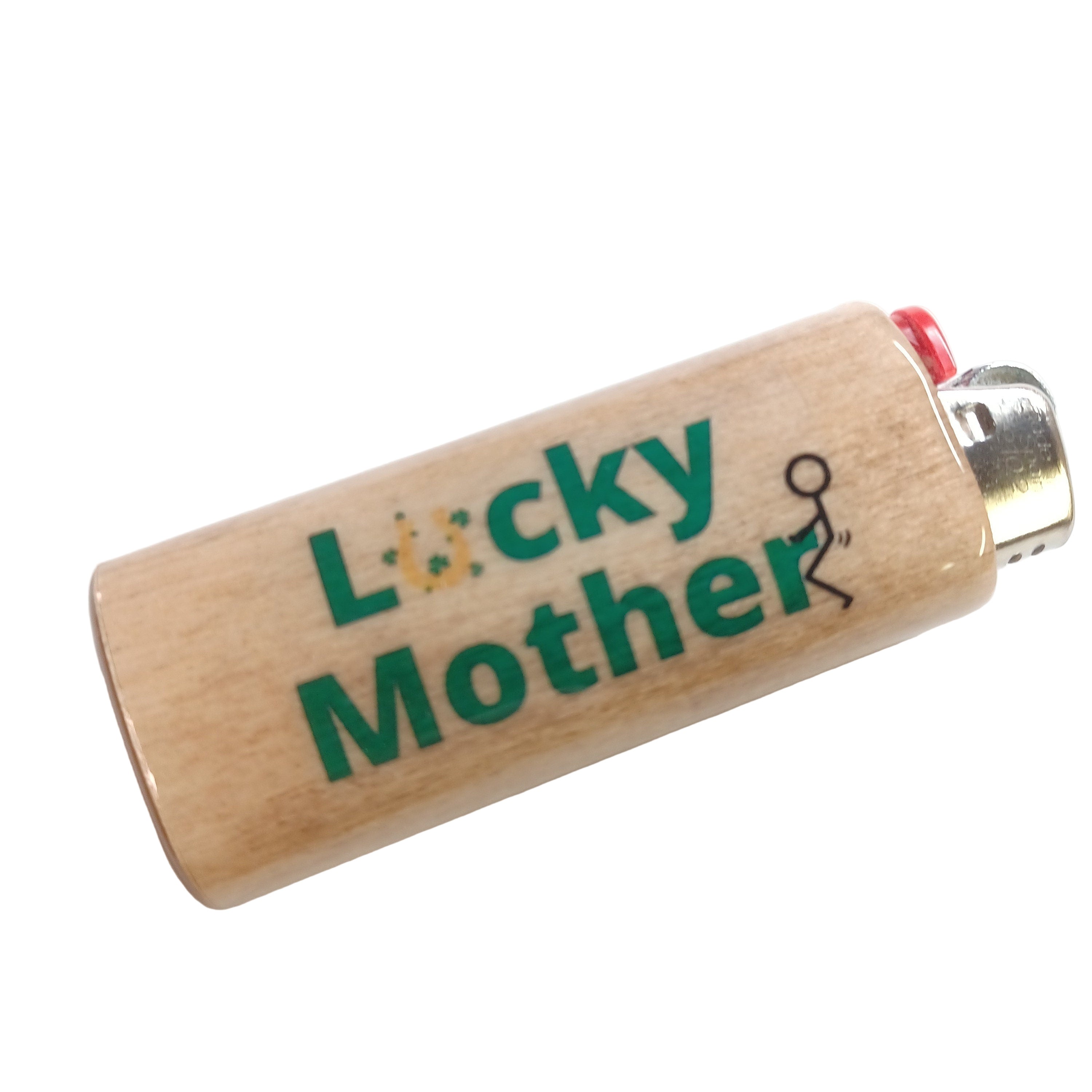 Wooden lighter with 'Lucky Mother' text on a white background