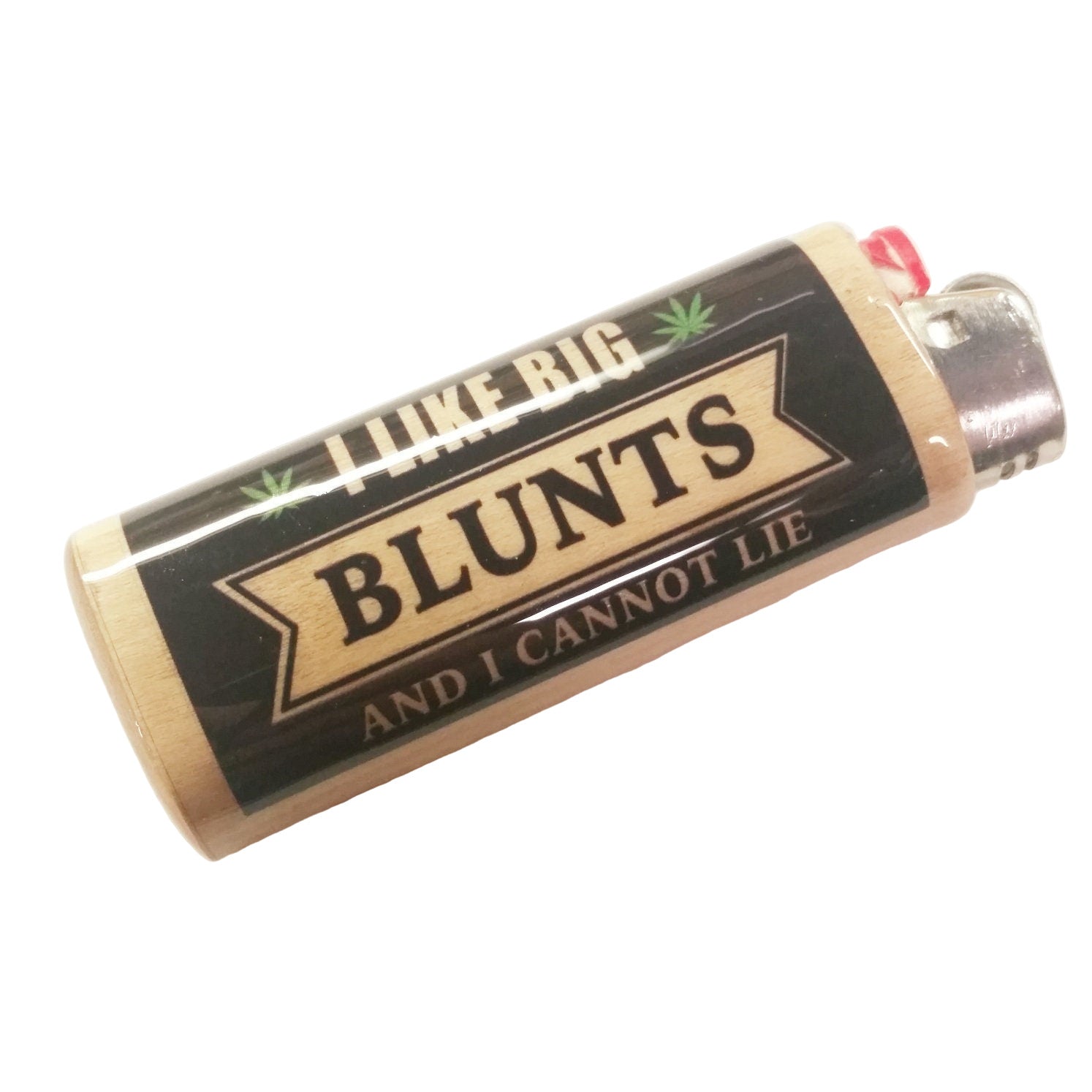 Cigarette lighter with 'Blunts' and humorous text on a white background