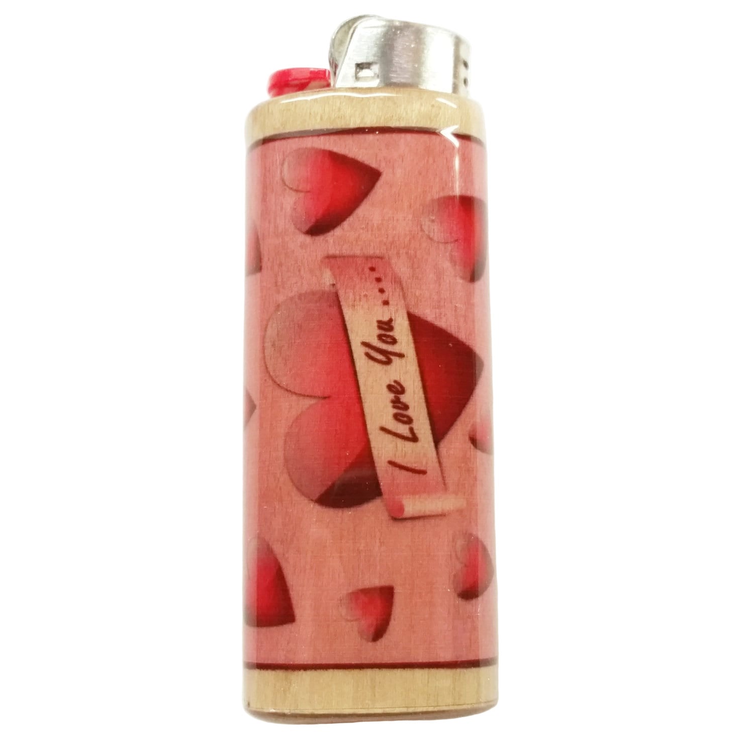 Lighter with red heart design and 'I Love You' text on a white background