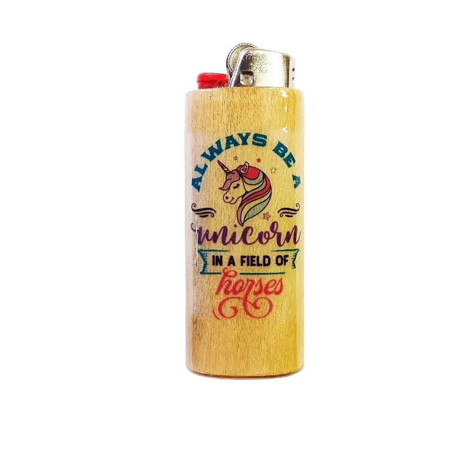 Lighter with unicorn design and text on a white background