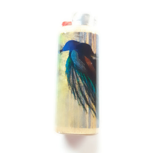 Lighter with a peacock design on a white background
