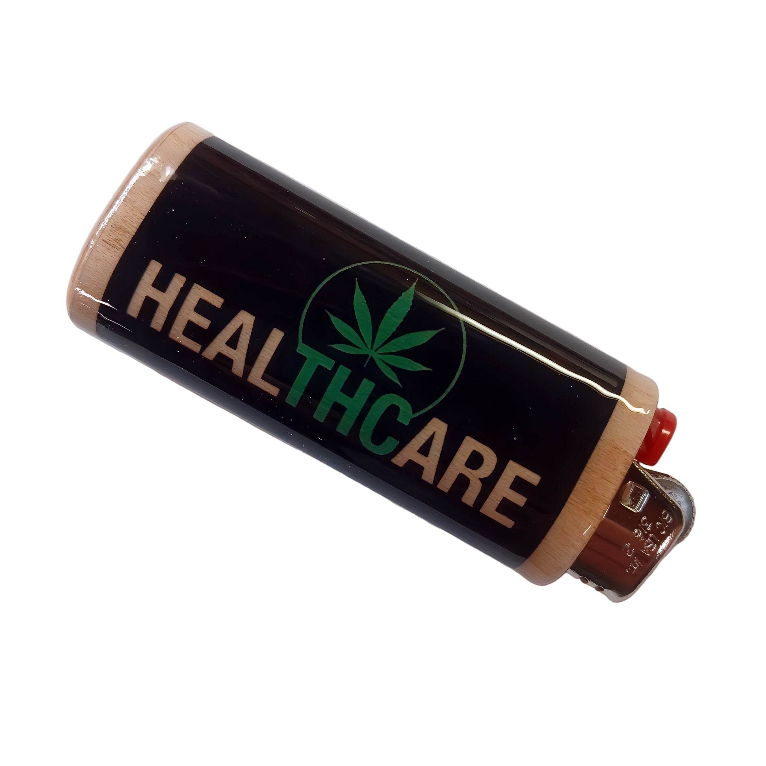 Lighter with 'HEAL THC ARE' text and cannabis leaf symbol on a white background