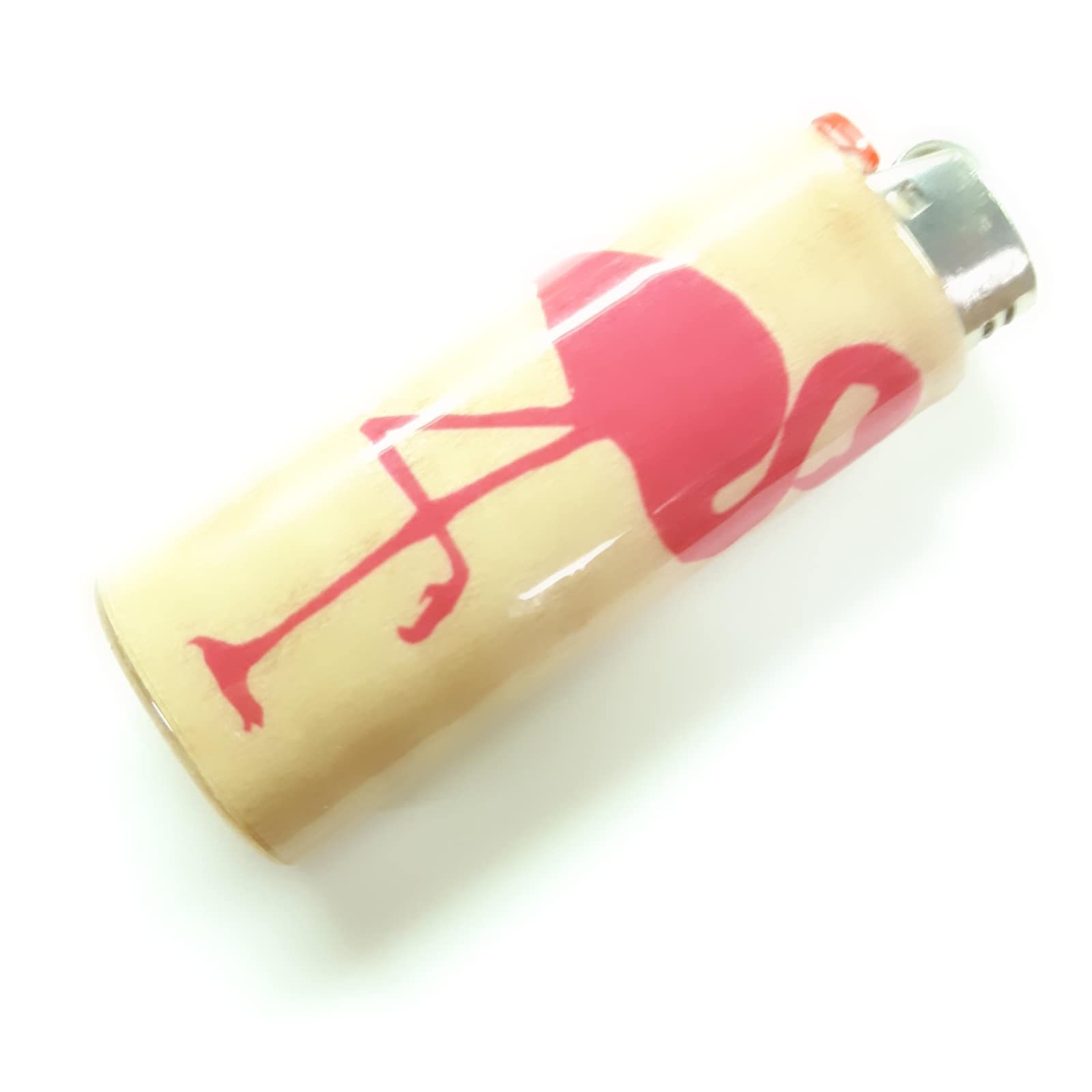 Lighter with a pink flamingo design on a beige background