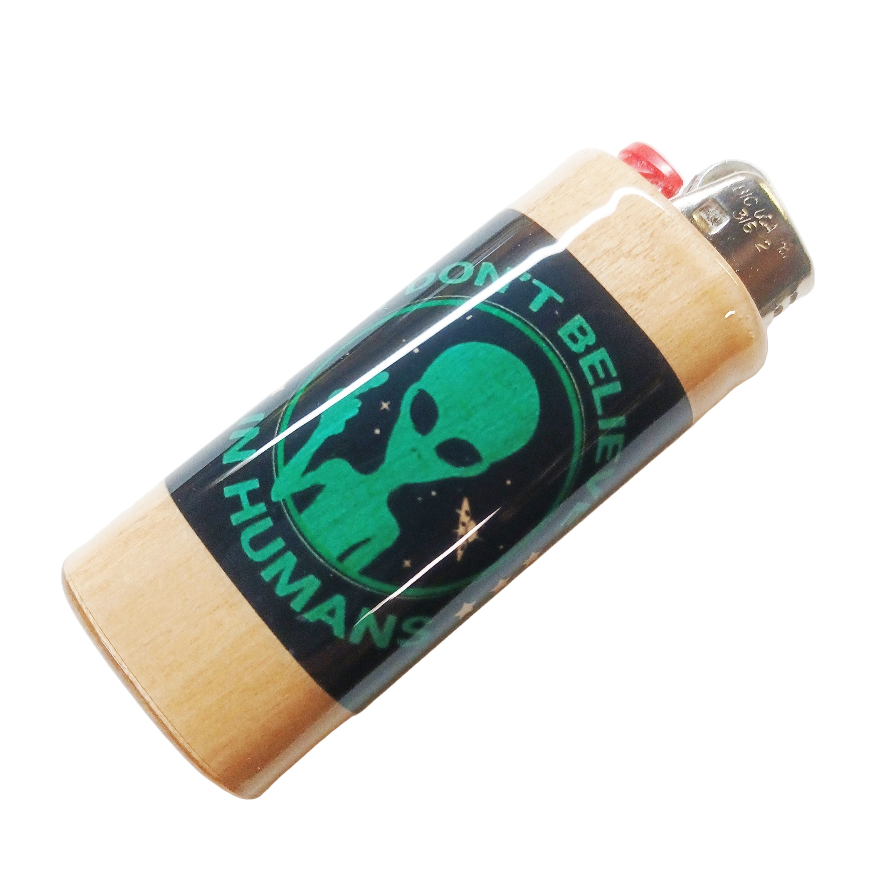 Lighter with alien design and text on a white background
