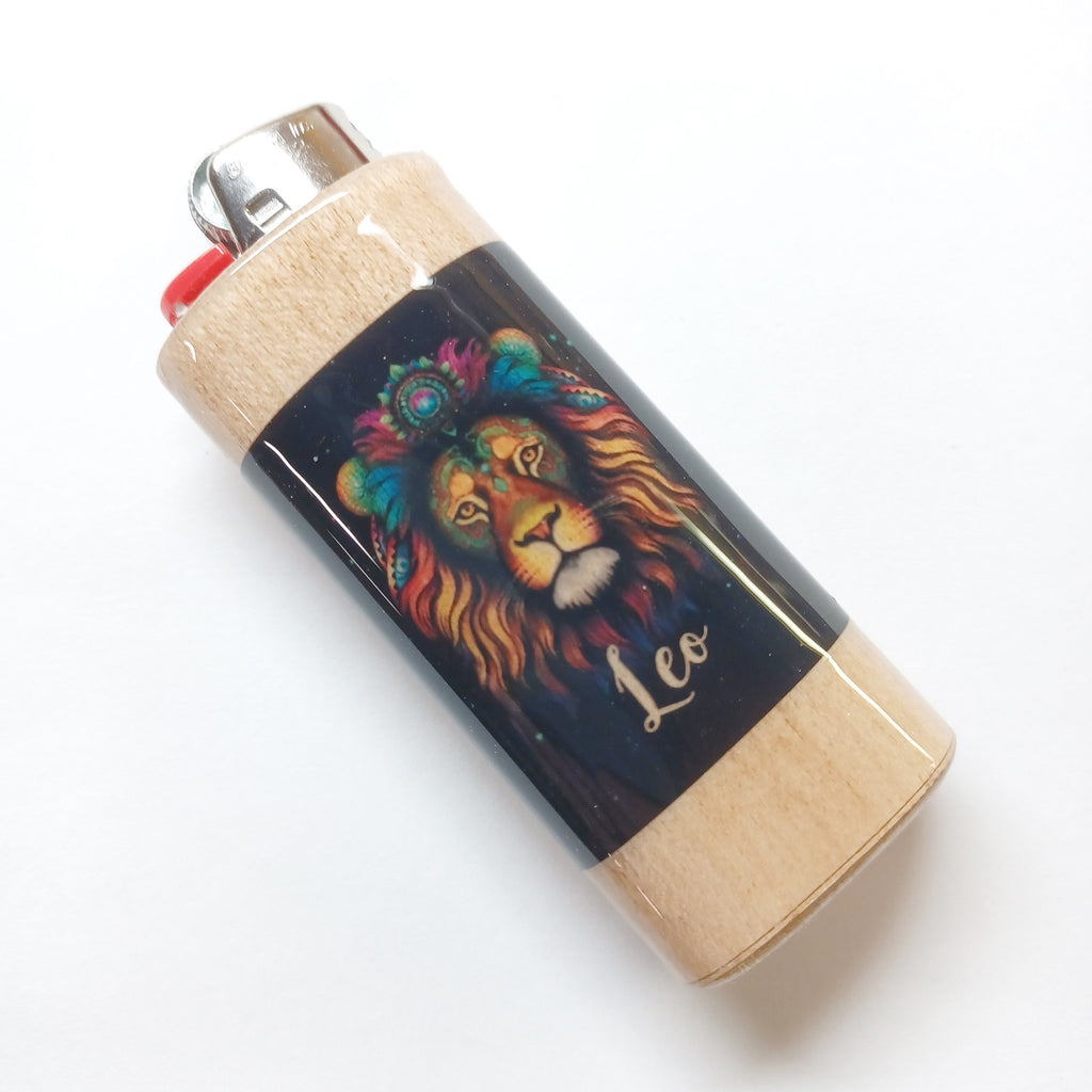 Lighter with a colorful lion design and 'Leo' text on a white background