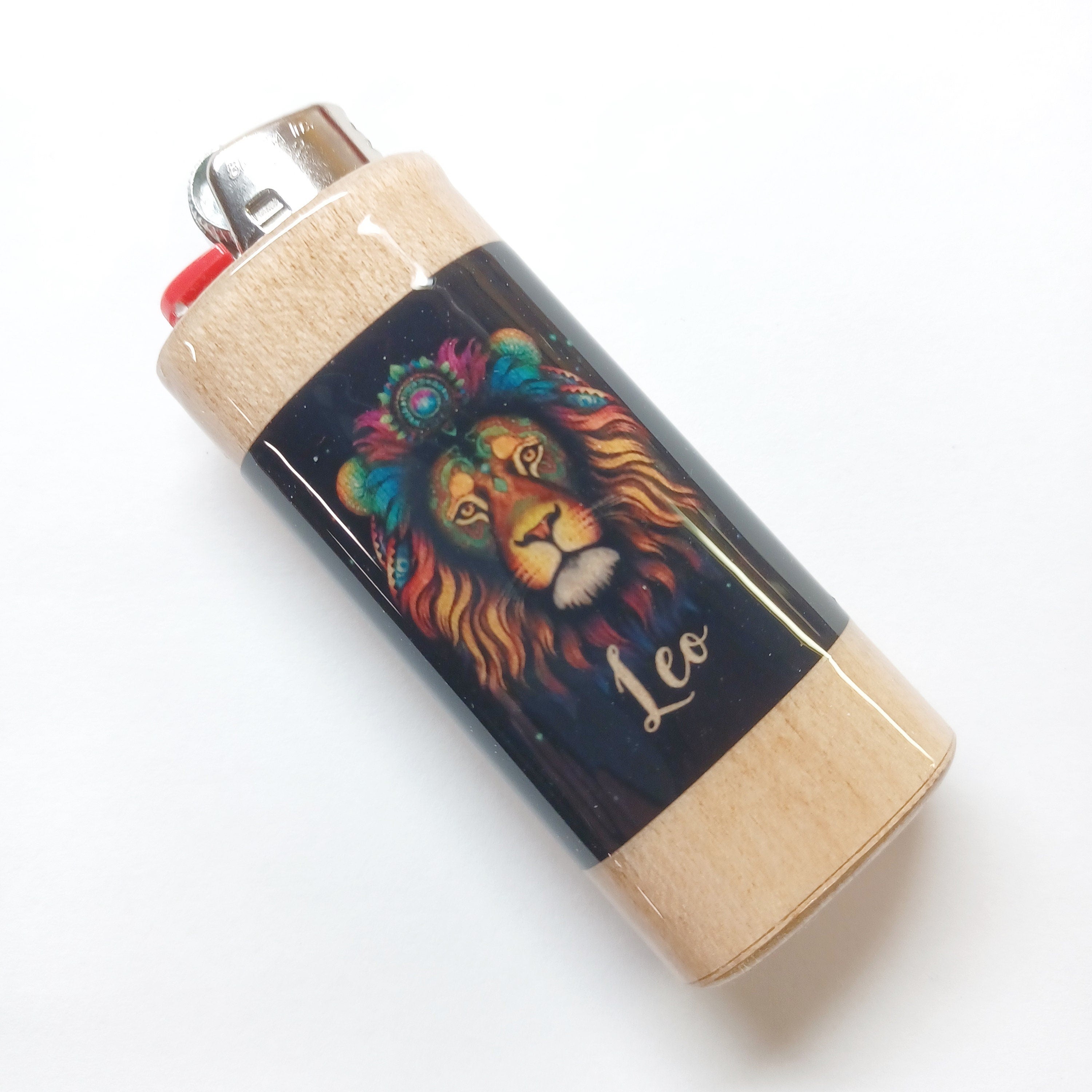 Lighter with a colorful lion design and 'Leo' text on a white background