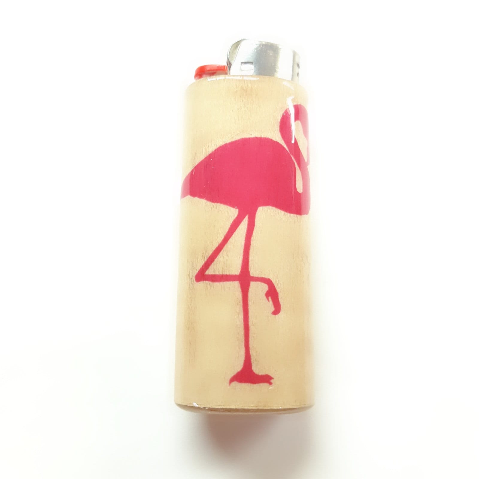 Lighter with a pink flamingo design on a beige background