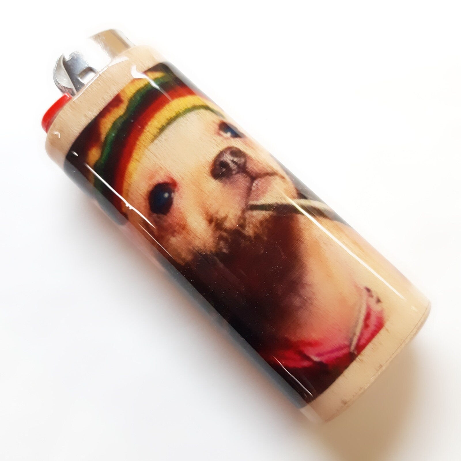 Lighter with a dog wearing a hat and smoking a joint design on a white background