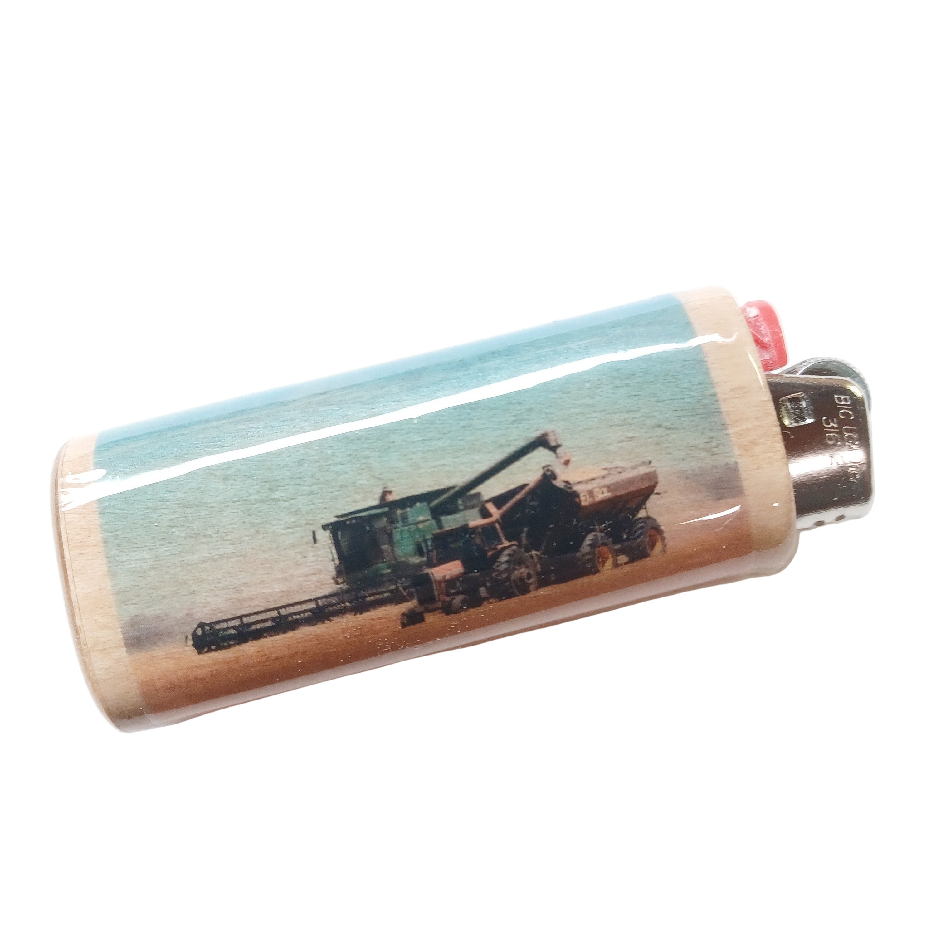 Lighter with a printed design of a tractor and combine on a white background