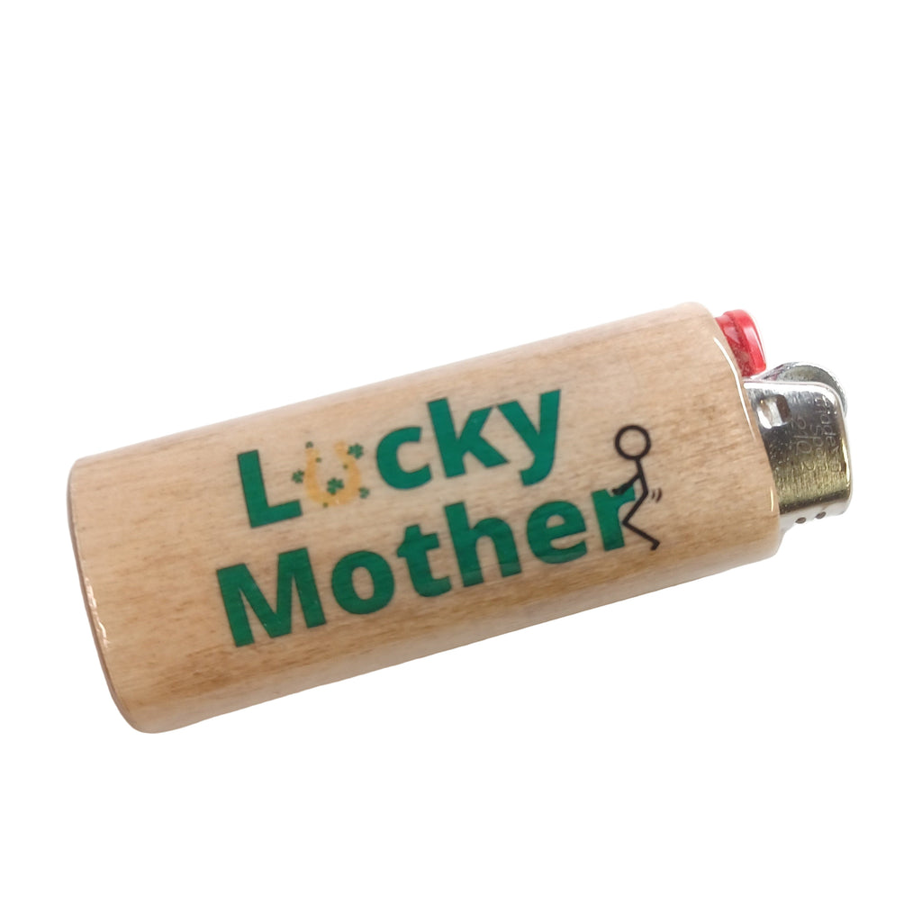 Wooden lighter with 'Lucky Mother' branding on a white background