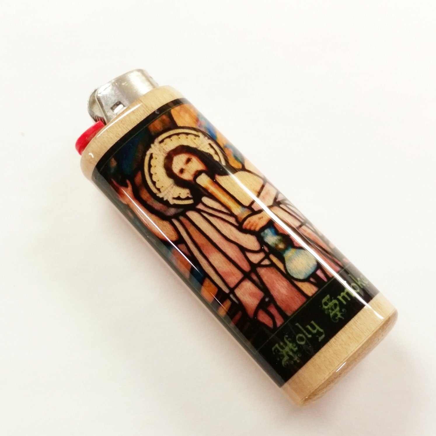 Holy Smoke Jesus Smoking Pipe Funny Fits Bic Lighters Wood Holder Cover Sleeve Case
