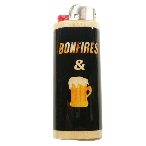 Lighter with 'Bonfires & Beer' design on a white background