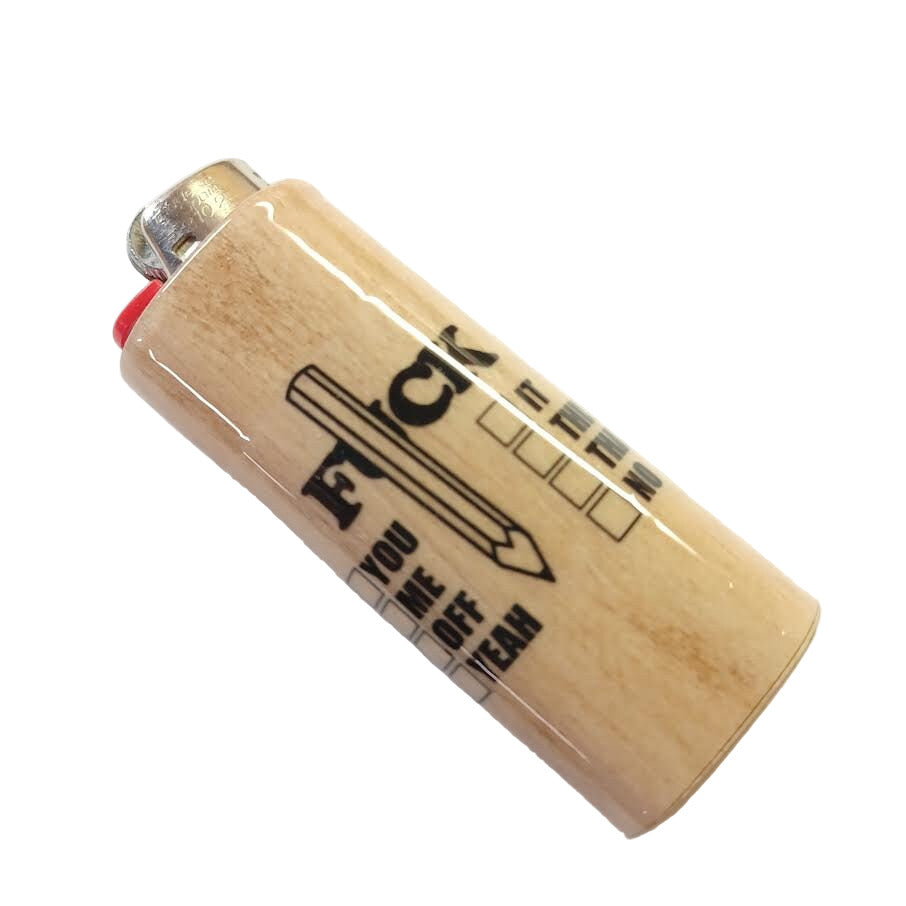 Wooden lighter with black text and design on a white background