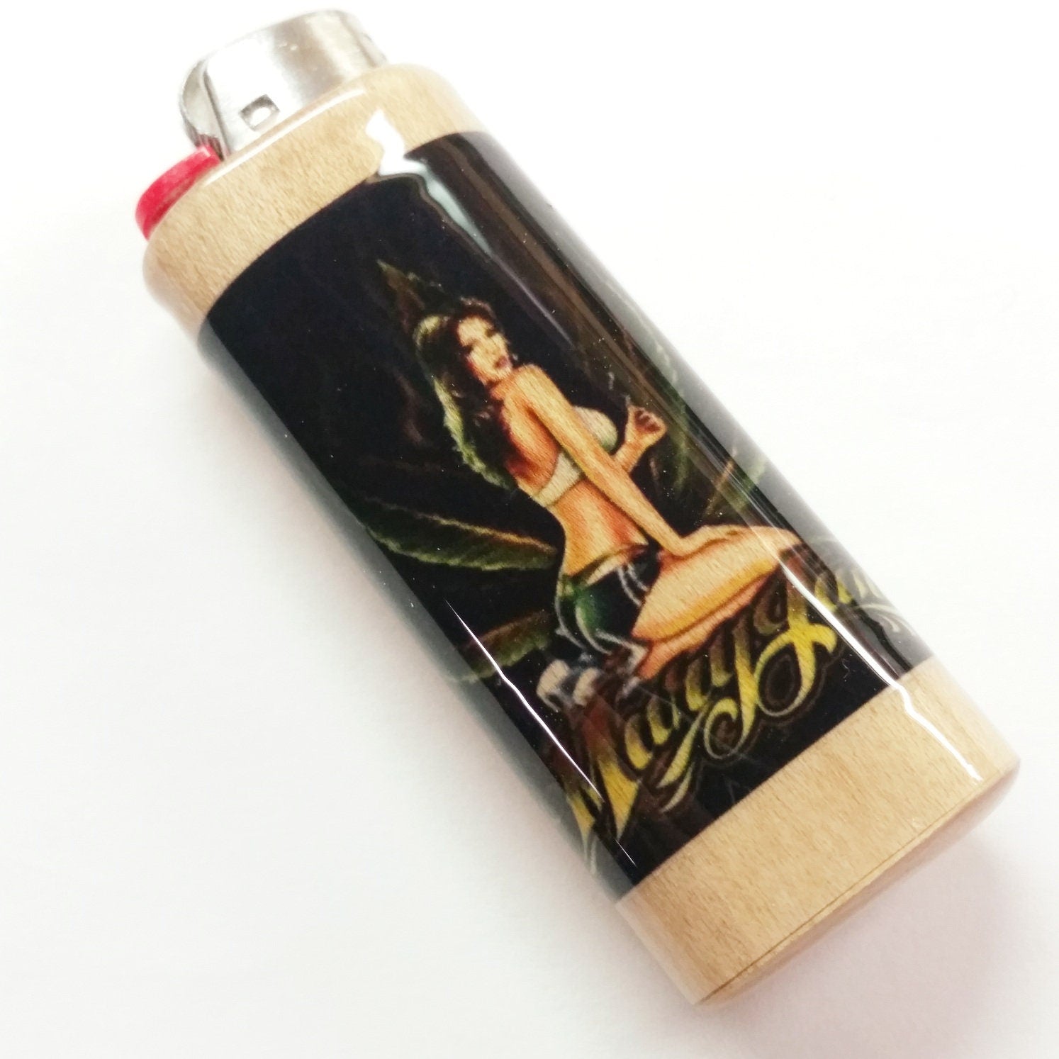 Lighter with a vintage-style design featuring a woman and text on a white background