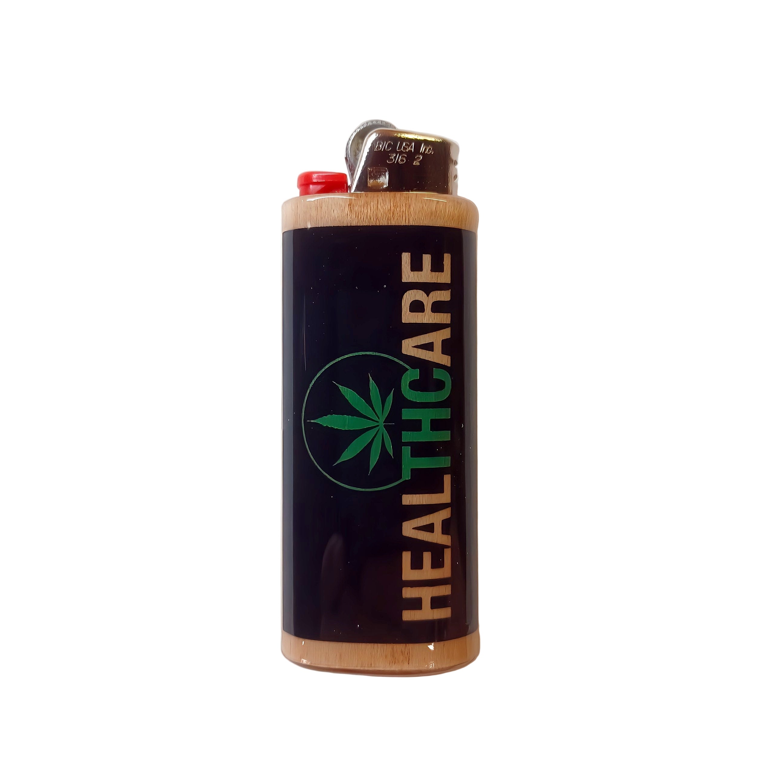 Lighter with 'HEALTHCARE' and cannabis leaf design on a white background