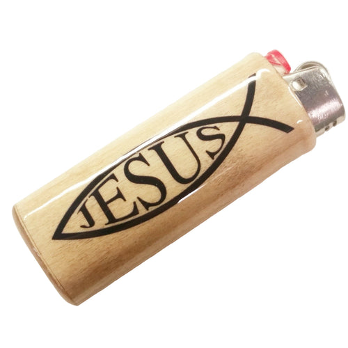 Lighter with 'Jesus' and fish symbol on a white background