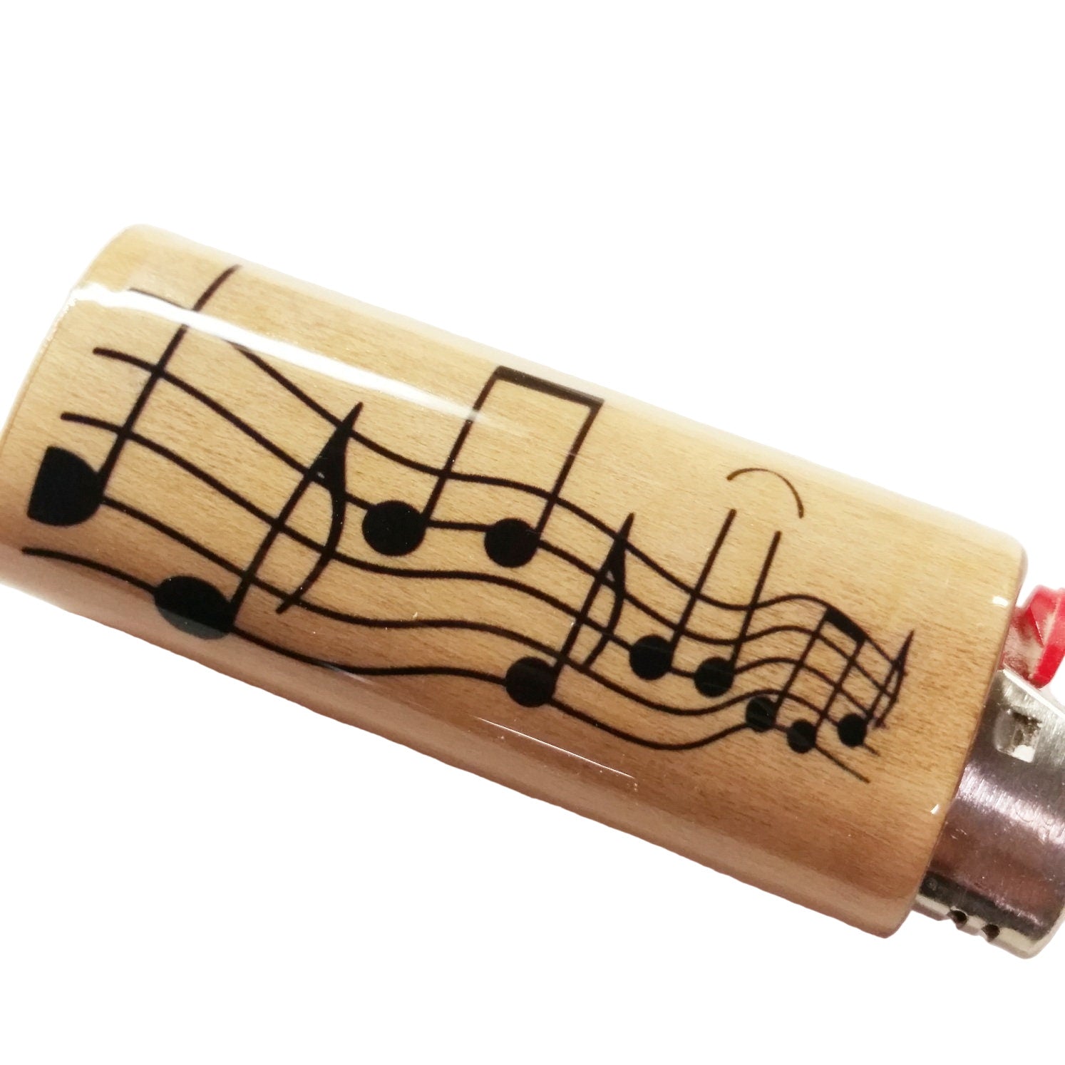 Wooden lighter with music note design on a white background