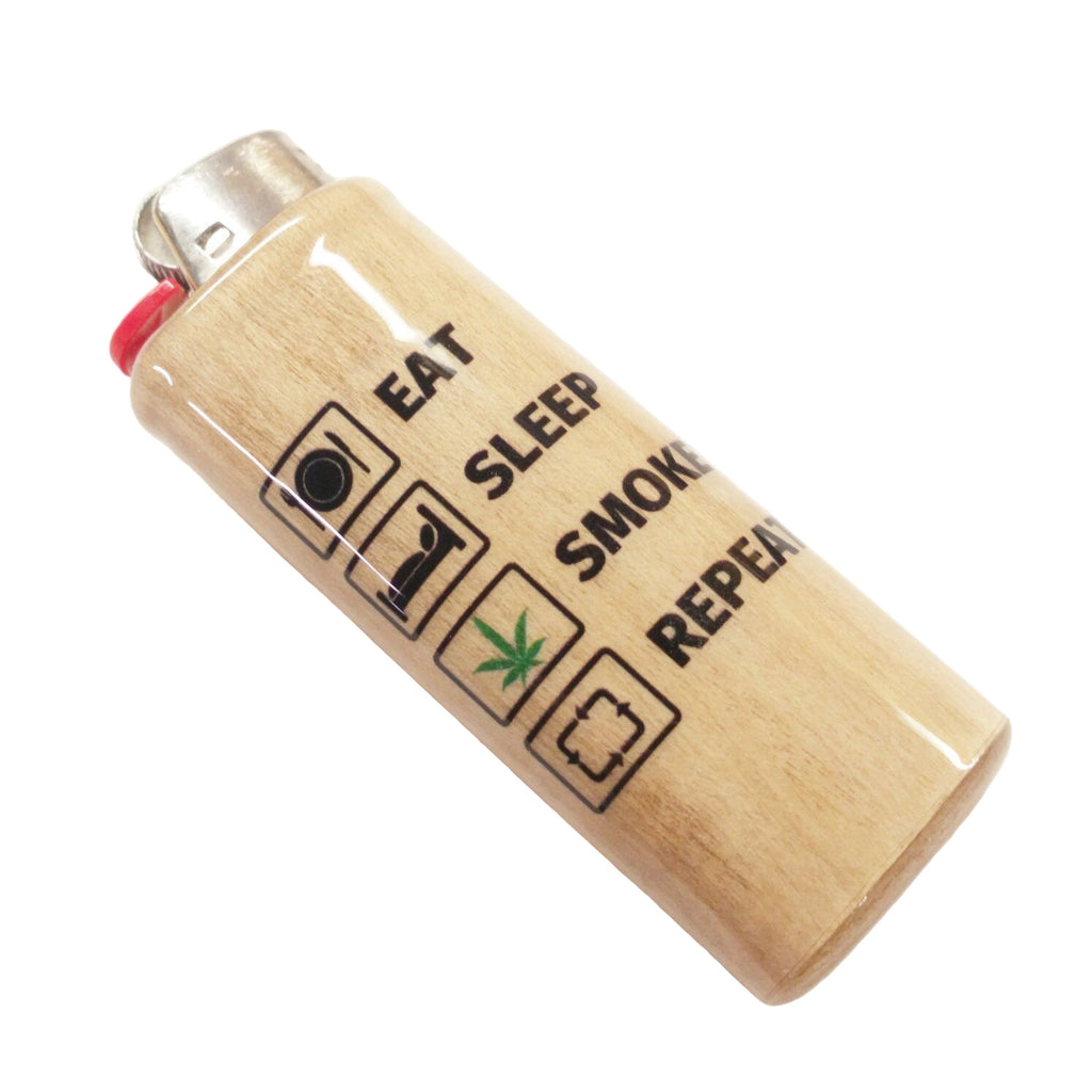 Lighter with 'Eat Sleep Smoke Repeat' text and symbols on a white background