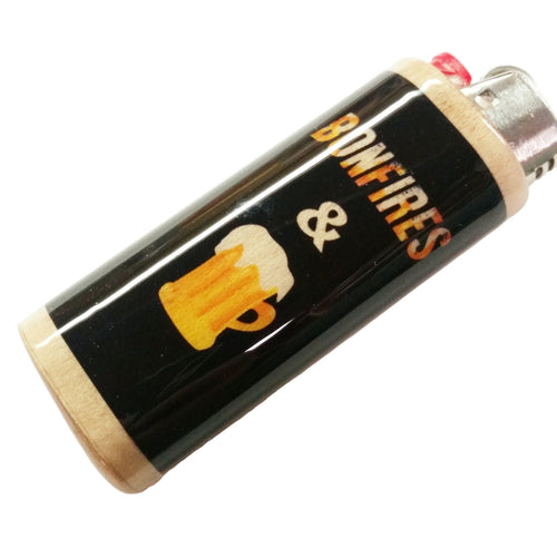 Lighter with a design of a beer mug and text 'Bonfires & Beer' on a white background