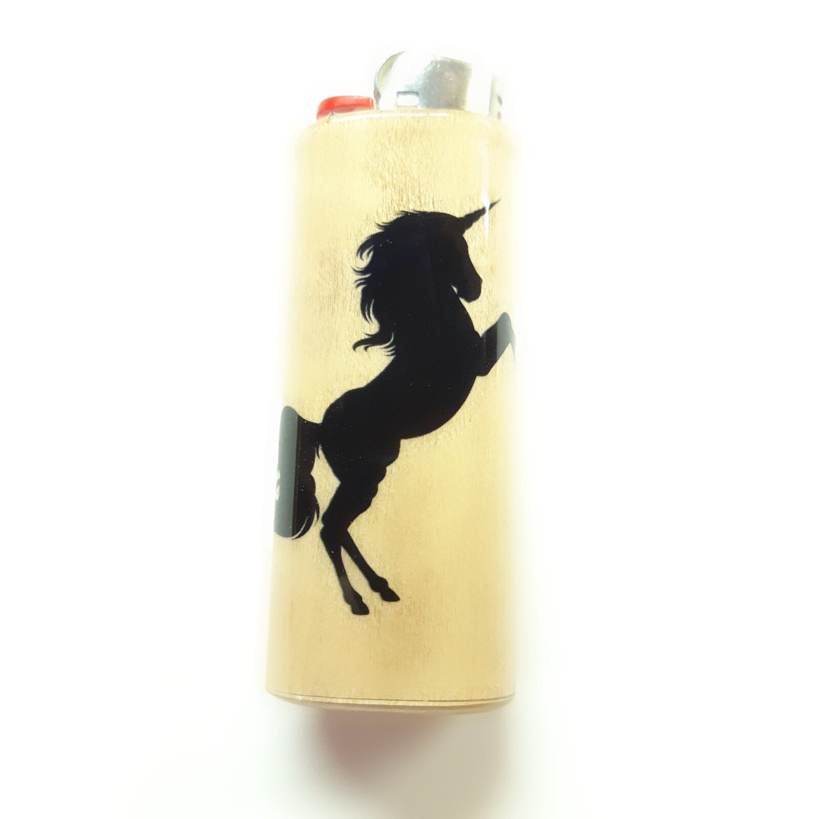 Lighter cover with a black unicorn on a beige background