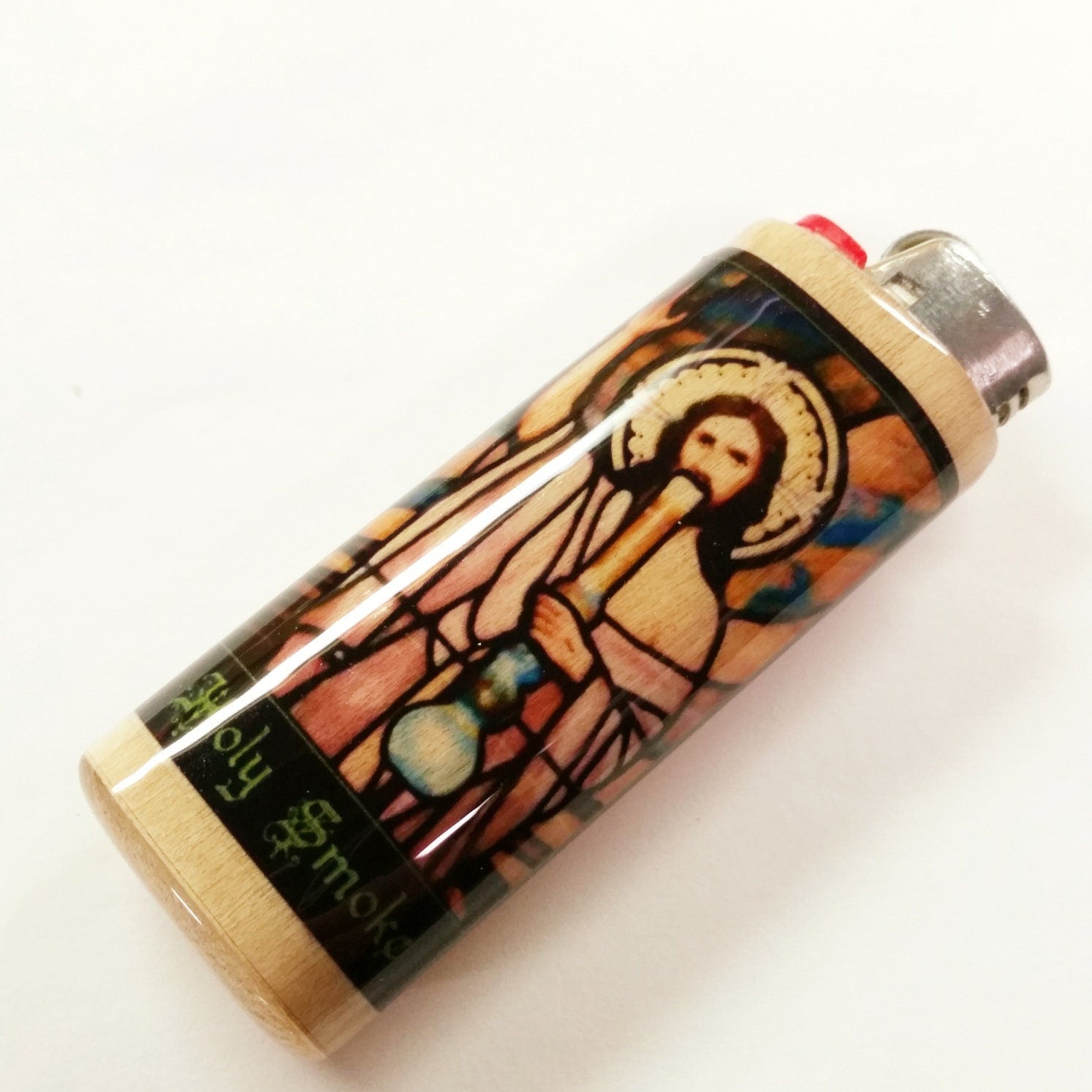Holy Smoke Jesus Smoking Pipe Funny Fits Bic Lighters Wood Holder Cover Sleeve Case