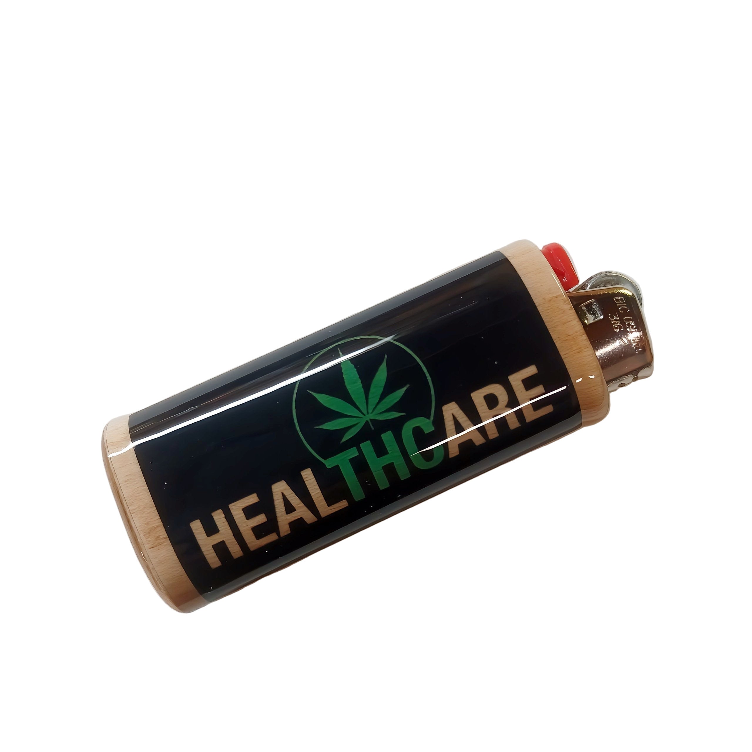 Lighter with 'HEALTHCARE' and cannabis leaf logo on a white background