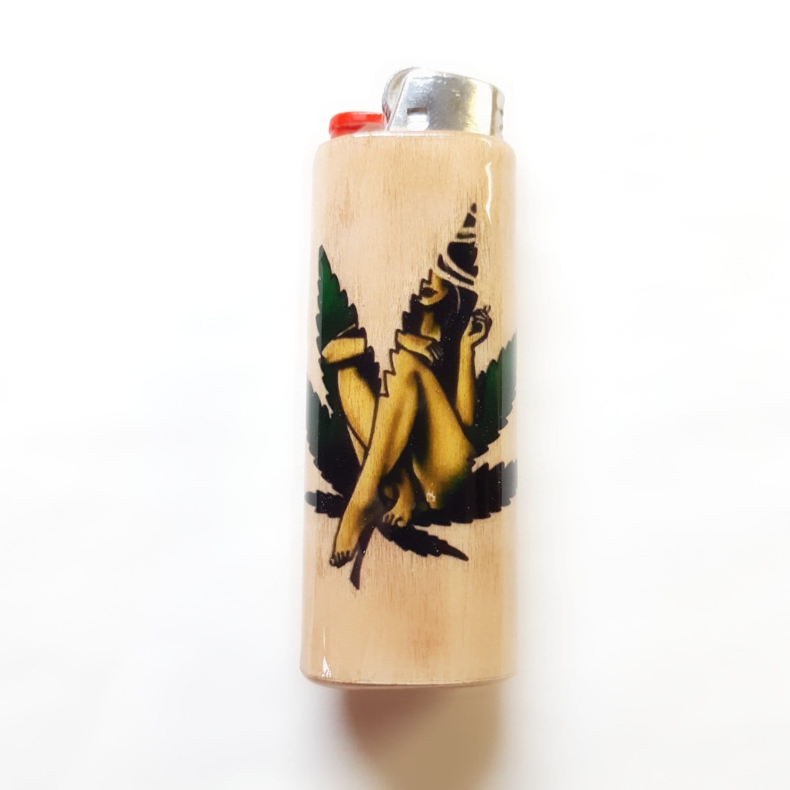 Lighter with a design of a woman and leaves on a white background