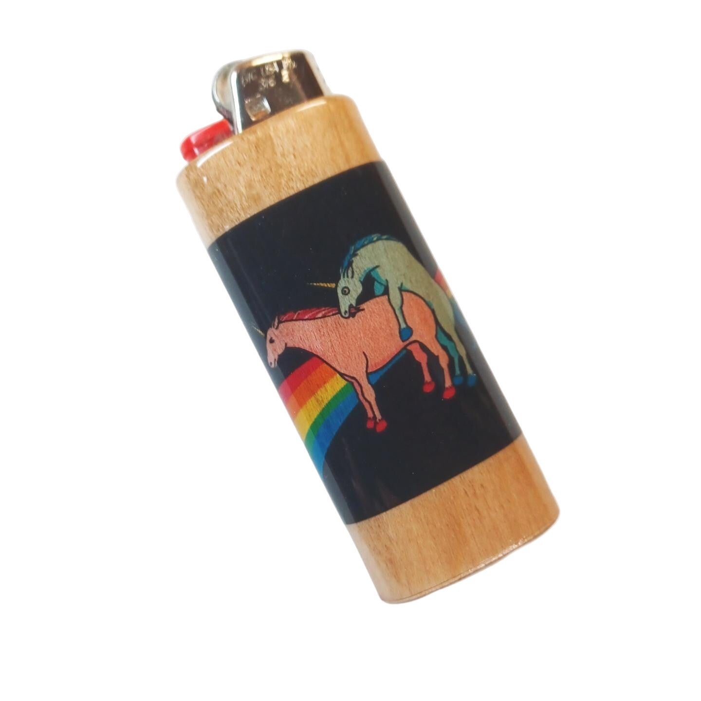 Lighter with unicorn and rainbow design on a black background