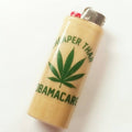 Lighter with a marijuana leaf graphic and text on a white background
