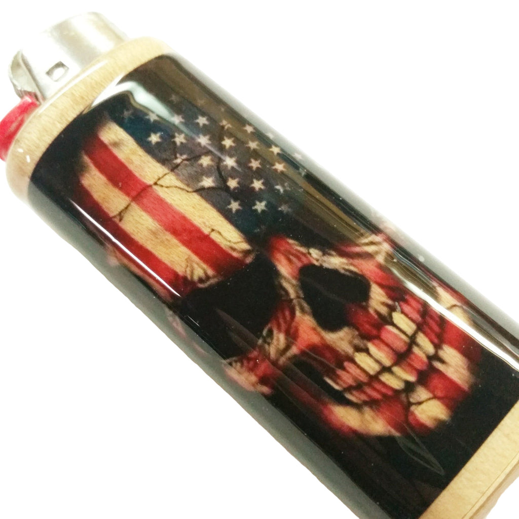 Lighter with American flag and skull design on a white background