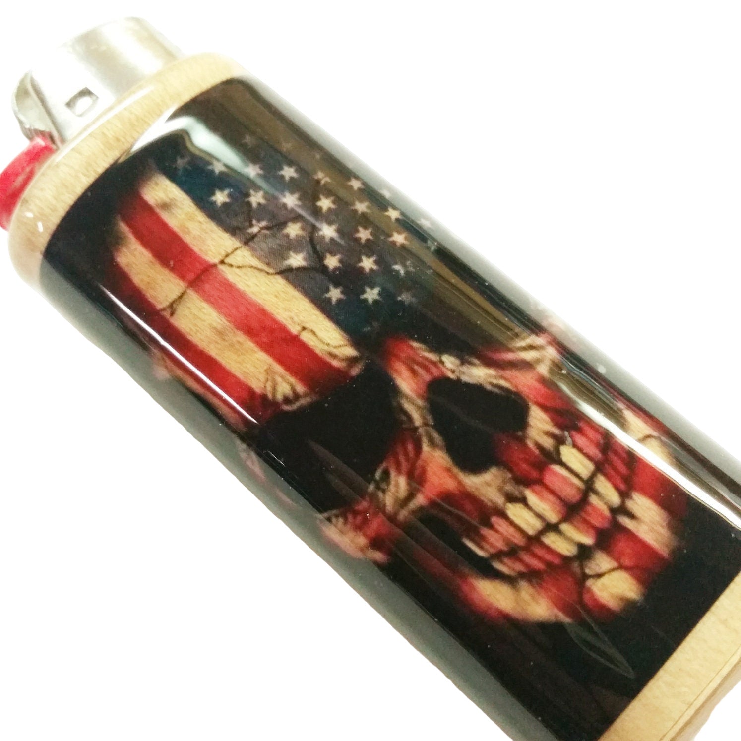 Lighter with American flag and skull design on a white background