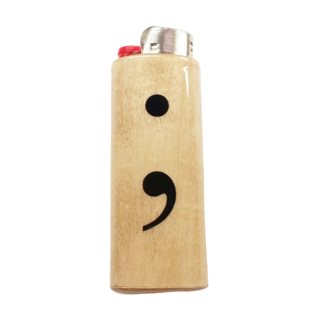 Lighter with a black semicolon mental health awareness symbol on a white background