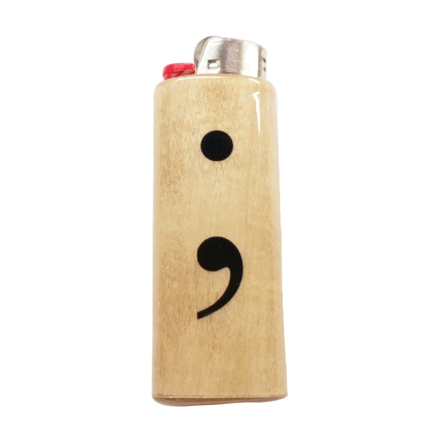 Lighter with a black semicolon mental health awareness symbol on a white background