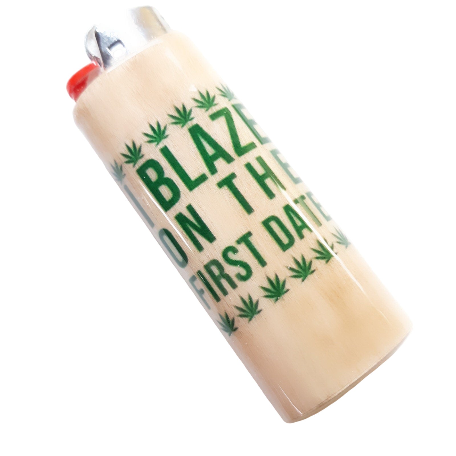 Lighter with pot leaf design and text on a white background