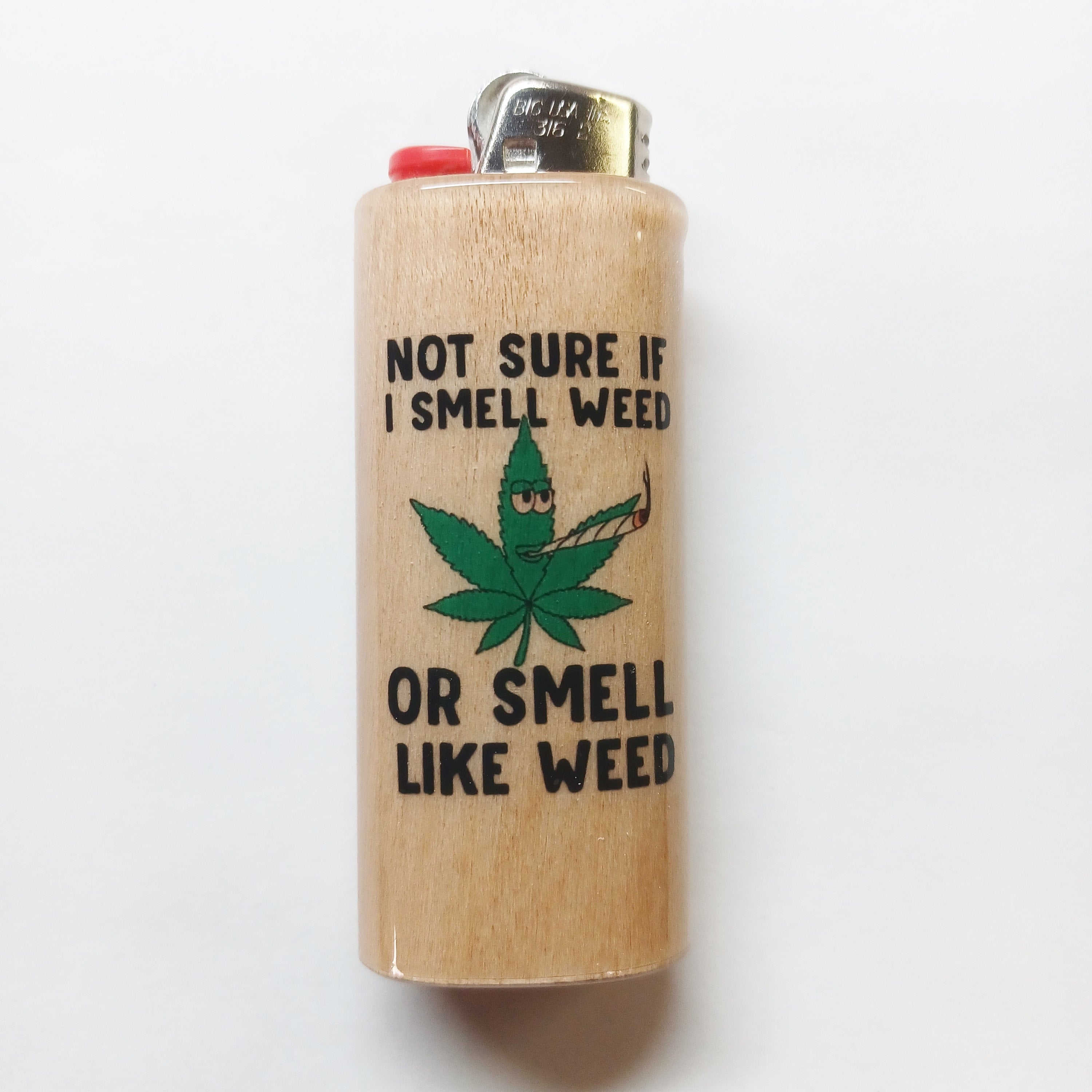 Lighter with pot leaf design and text on a white background