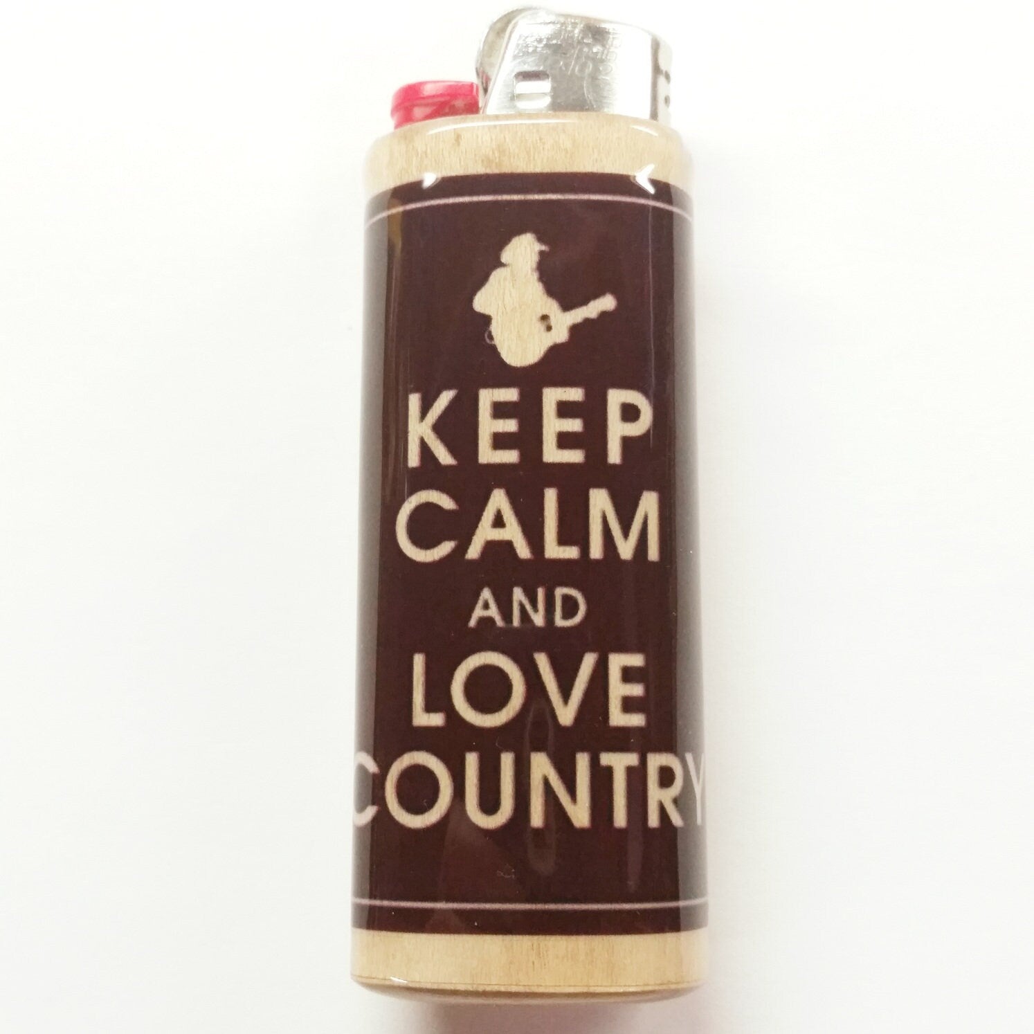 Lighter with 'Keep Calm and Love Country' text and graphic on a white background