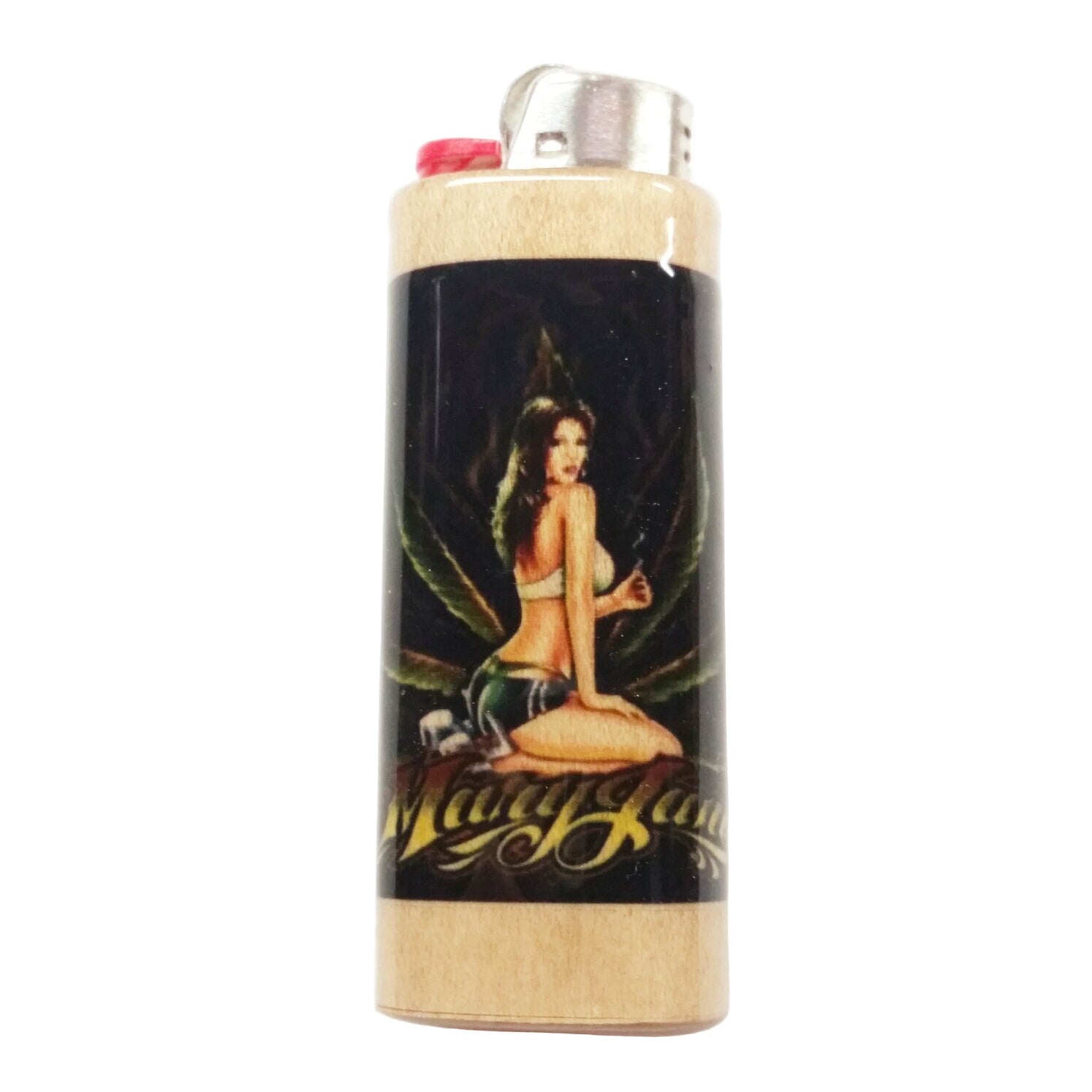 Lighter with a graphic design of a woman smoking on a black background