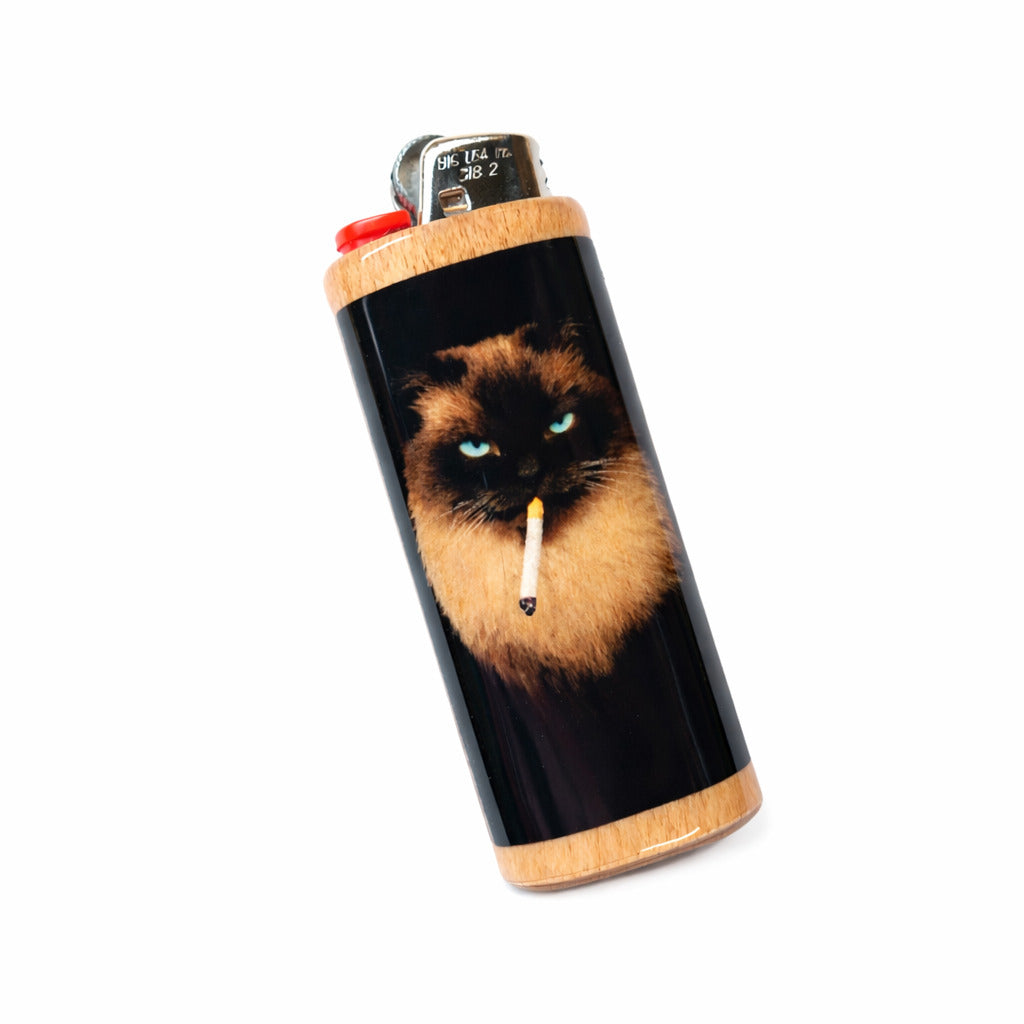 Siamese Cat Smoking Cigarette Wood Lighter Case For Bic Lighters Animal Art Design