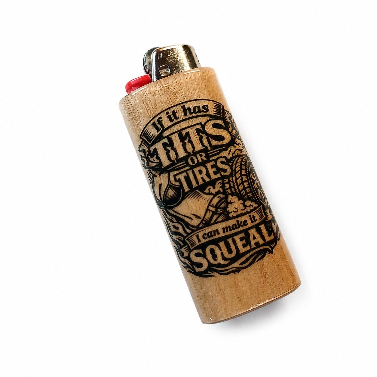 A novelty wooden lighter with a natural wood grain finish, featuring a black engraved graphic of a tire and the text 'If it has TIES or TIRES I can make it SQUEAL'. It has a brass metal ignition point and a small red plastic button on top, shown on a clean white background.