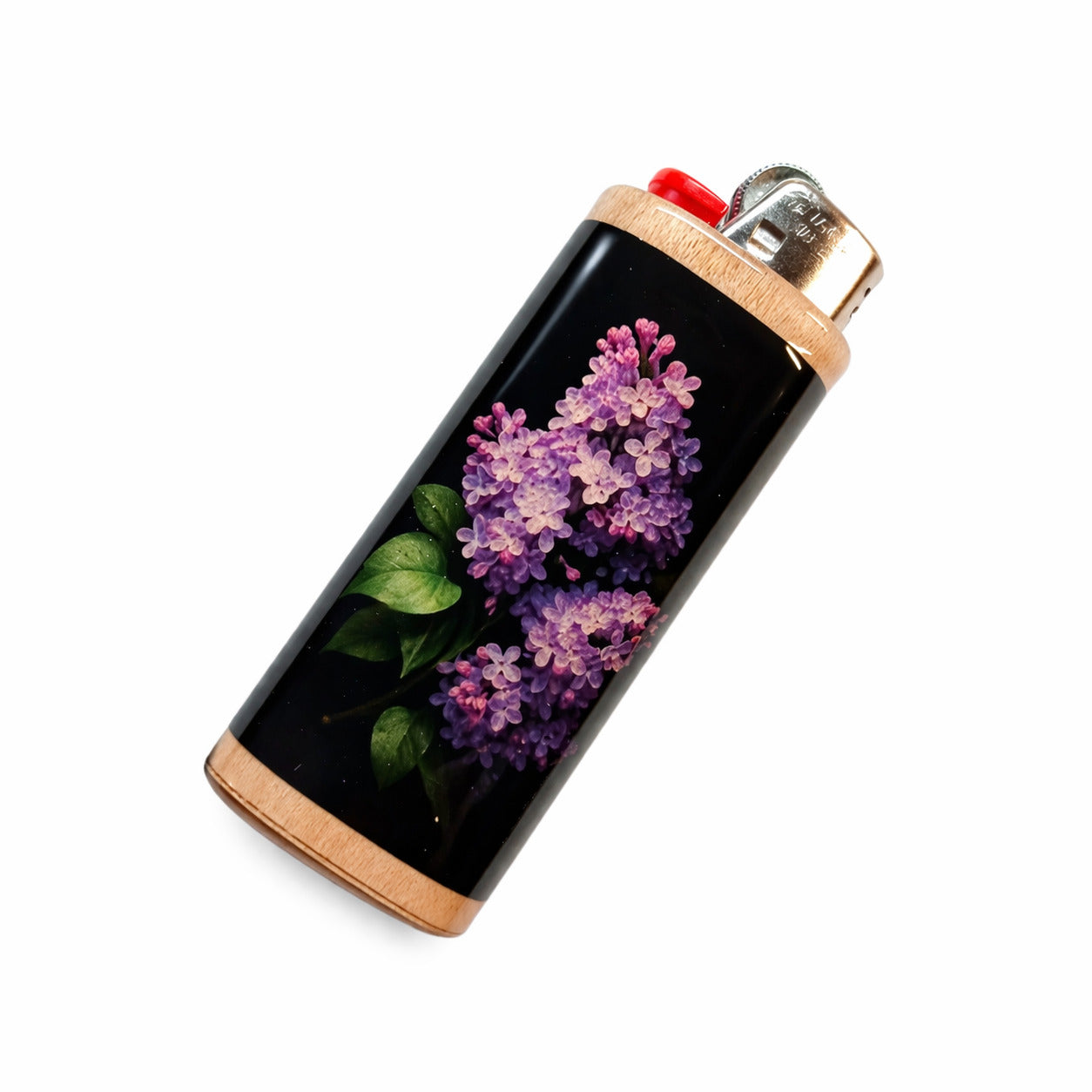 Lighter with purple lilac floral design on a white background