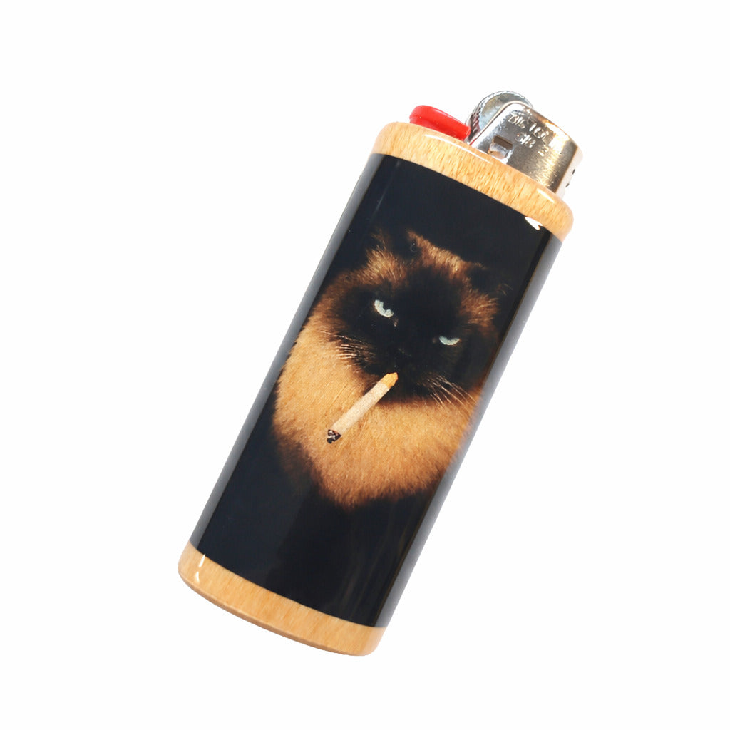 Siamese Cat Smoking Cigarette Wood Lighter Case For Bic Lighters Animal Art Design