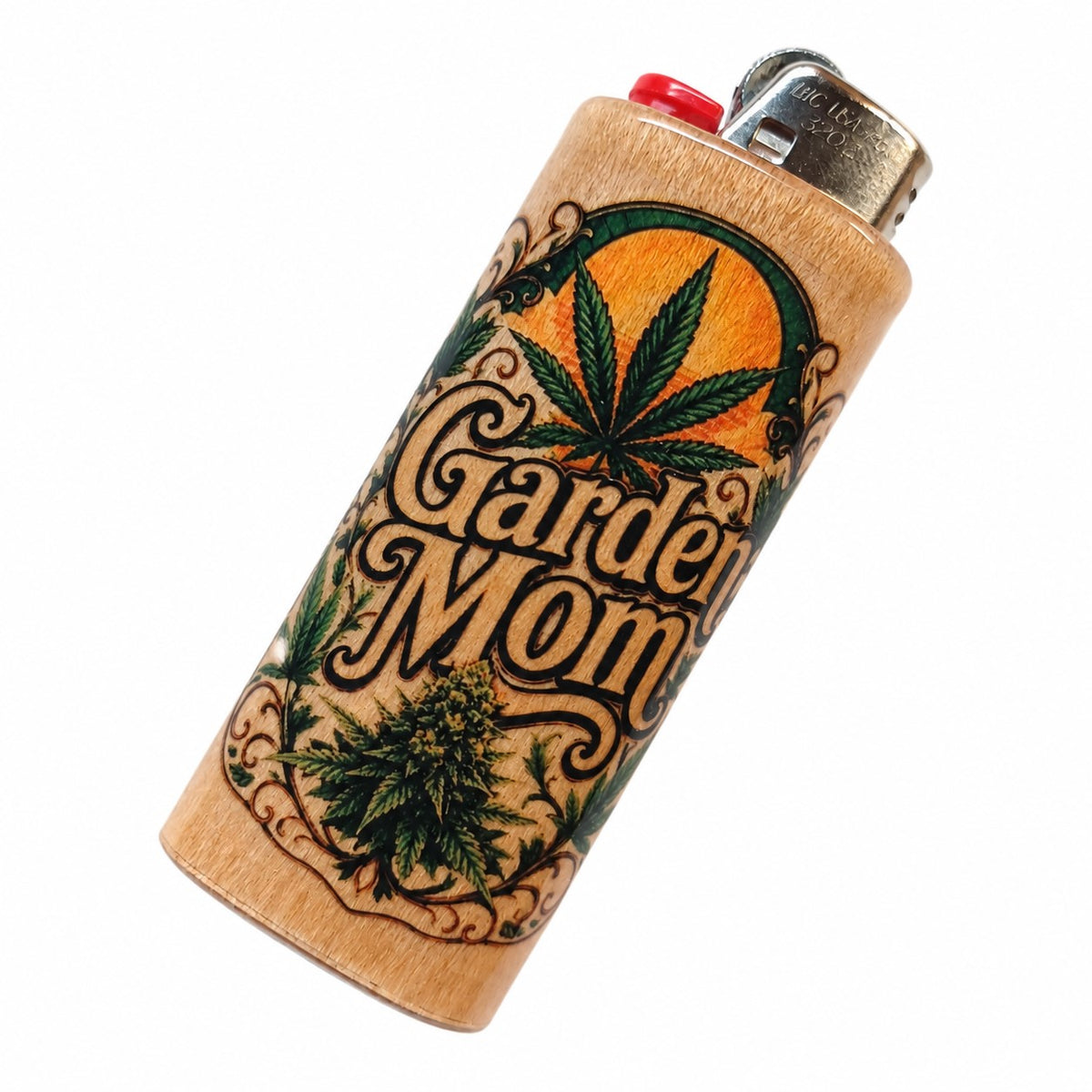A wooden lighter with a 'Garden Mom' cannabis-themed graphic, featuring a green leaf on an orange background and a green bud illustration, shown on a white background.