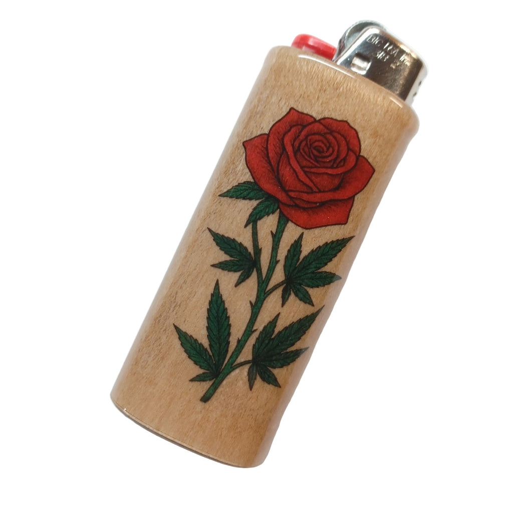Lighter sleeve with a red rose and green cannabis leaves design on a white background