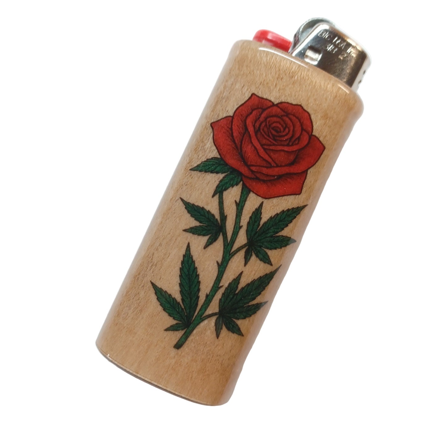 Lighter sleeve with a red rose and green cannabis leaves design on a white background